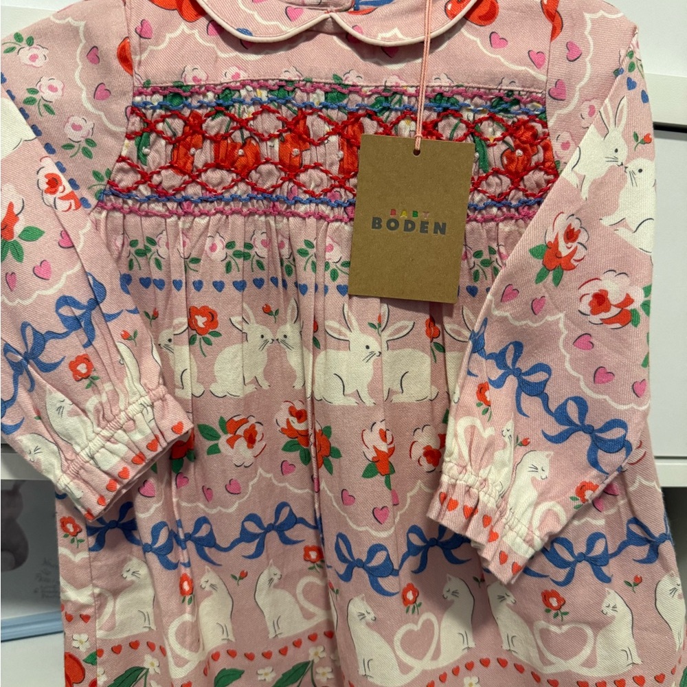Baby Boden Pink Dress with Bunny and Floral Design